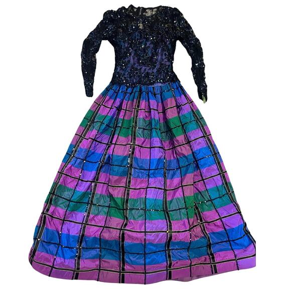 VINTAGE DESIGNER Sequin Lace Ball Gown, Mignon Ann Marie Gabalis‎ Blue Plaid - Picture 2 of 16